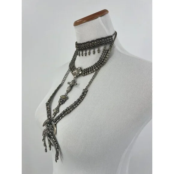 Free People Multilayered Antiqued Silver & Rhinestone Necklace - Picture 9 of 16